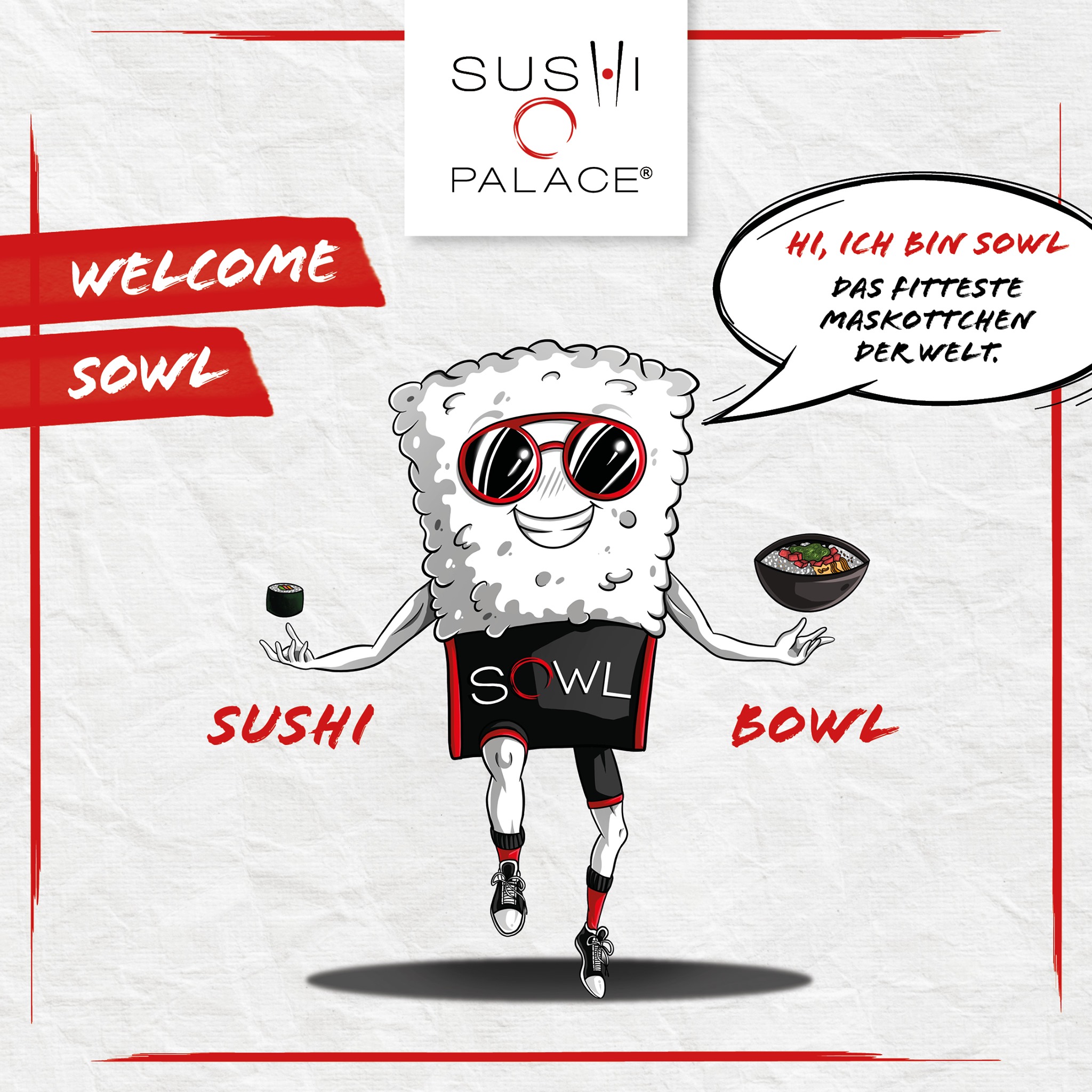 Ein Maskottchen aus Reis mit Sonnenbrille hält Sushi und einen Bowl und begrüßt als "Sowl" von Sushi Palace.